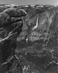 Ansel Adams, Majestic Step in High Sierra Snow Waters, Upper and Lower Descending Falls from Glacier point, Yosemite valley, 1938