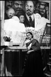 Frida in front of the Unfinished Unity Panel, New Worker's School, New York, 1933